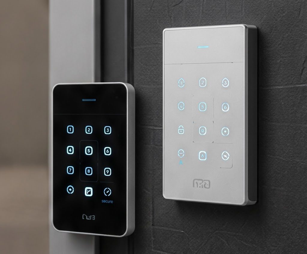 Two modern illuminated smart keypads on wall