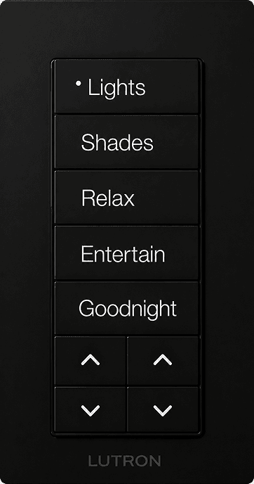 Black Lutron keypad with labeled scene buttons