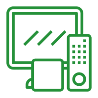 Green TV icon with remote and streaming box