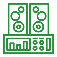 Green stereo speakers and amplifier icon