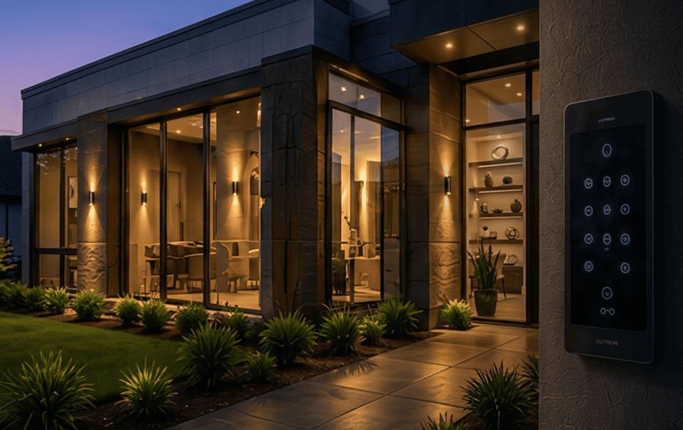 Modern home at dusk with smart keypad lock