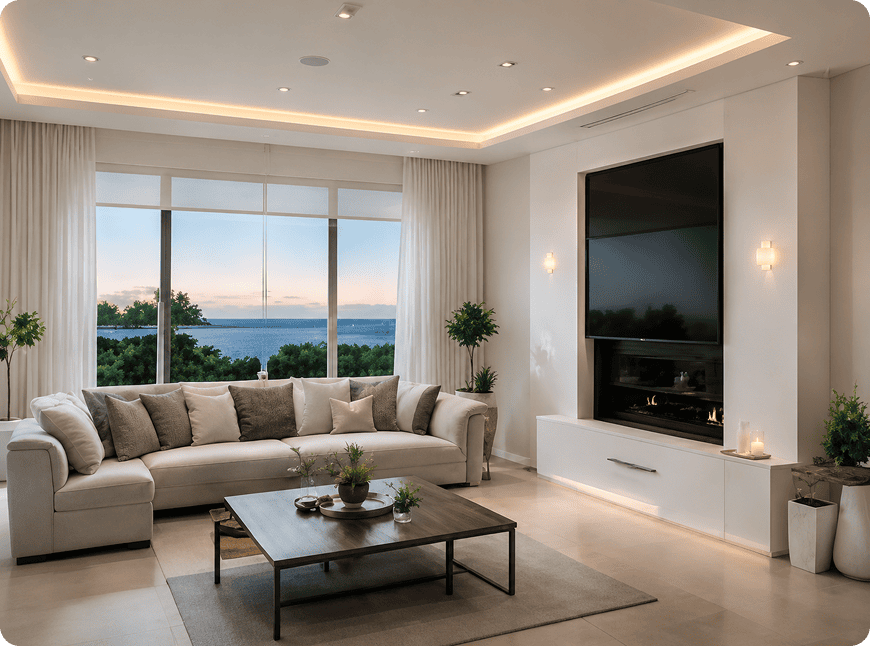 Modern living room with ocean-view windows