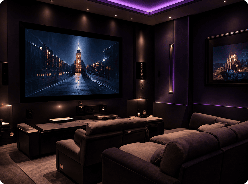 Luxurious home theater with purple ambient lighting