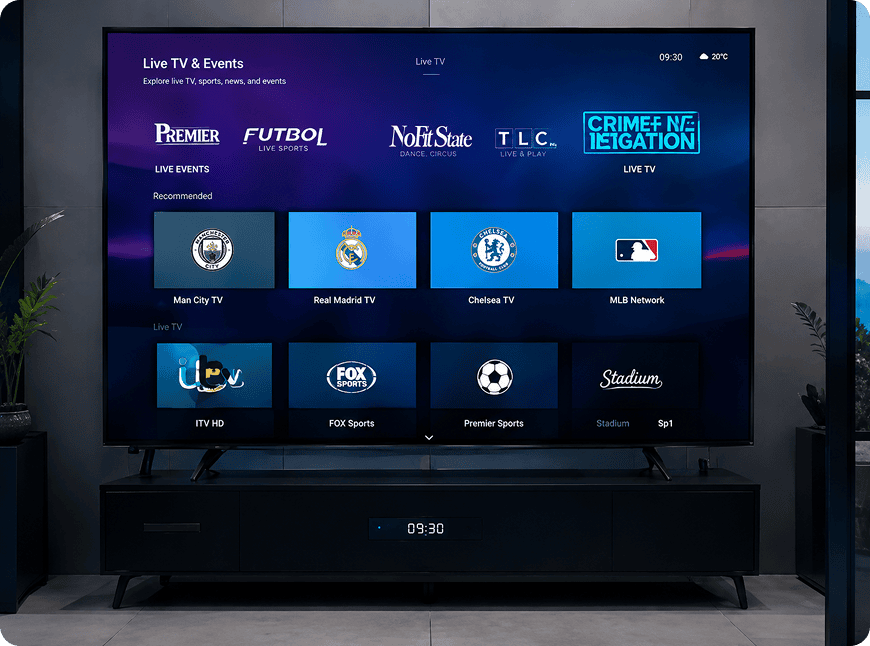 Smart TV home screen showing sports channels