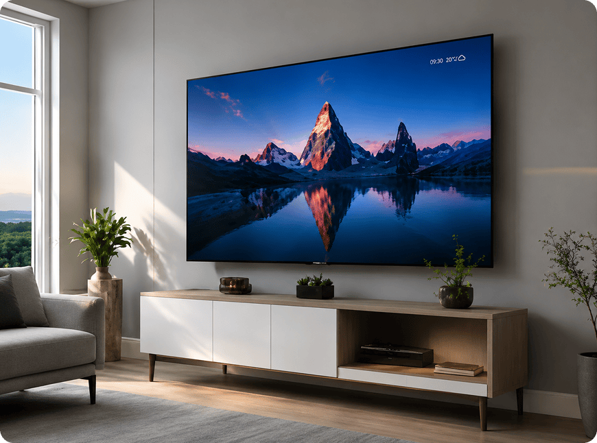 Modern living room with TV displaying mountain reflection