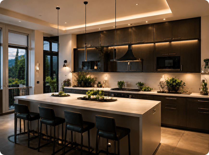 Modern kitchen with island, bar stools, pendant lights