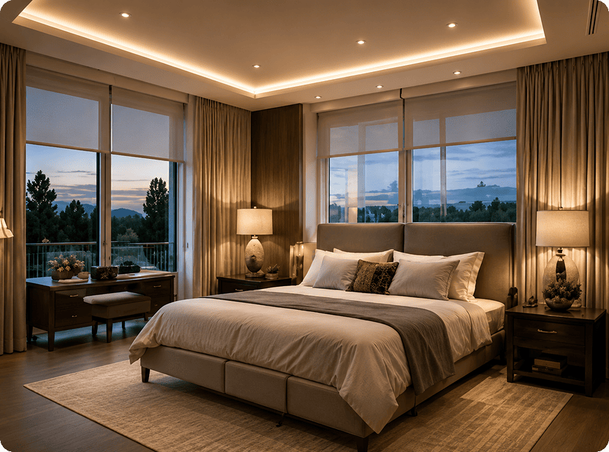 Luxury king bedroom with evening window view