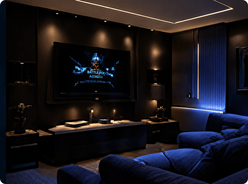 Dark home theater room with game on TV