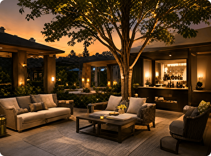 Cozy outdoor patio lounge with bar