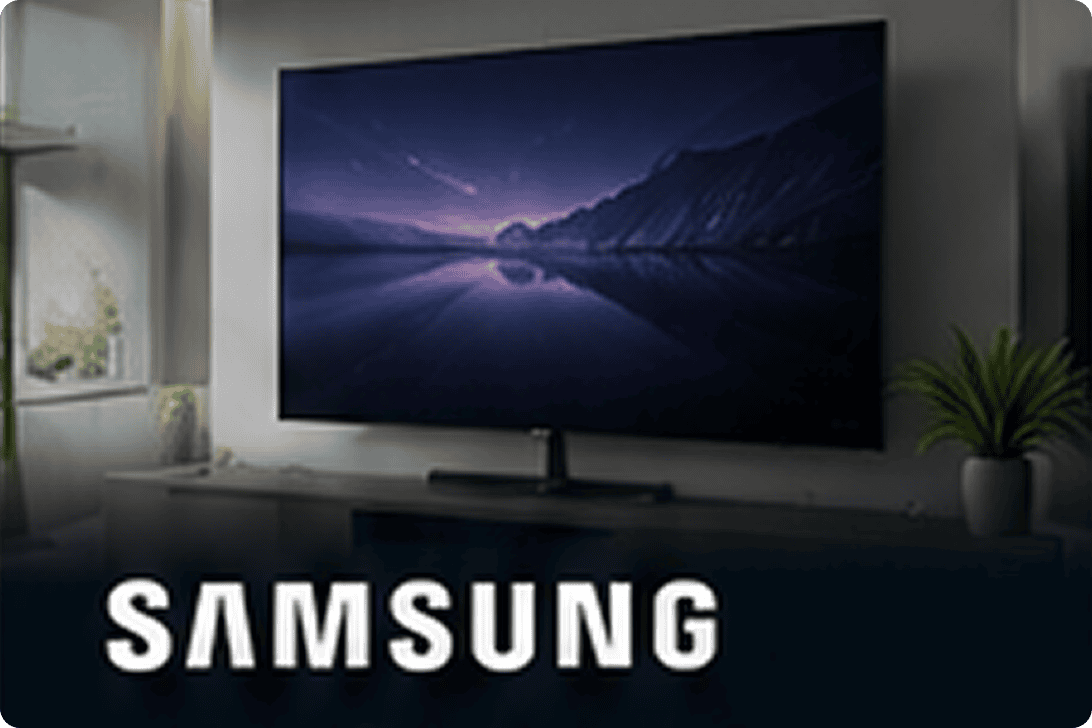 Samsung flat-screen TV displaying mountain lake scene