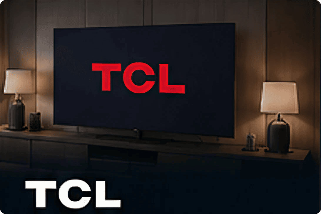TCL TV mounted over console with lamps