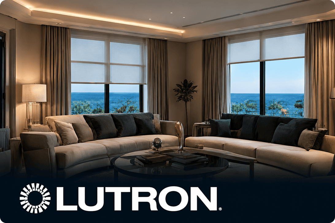 Lutron logo over ocean-view living room