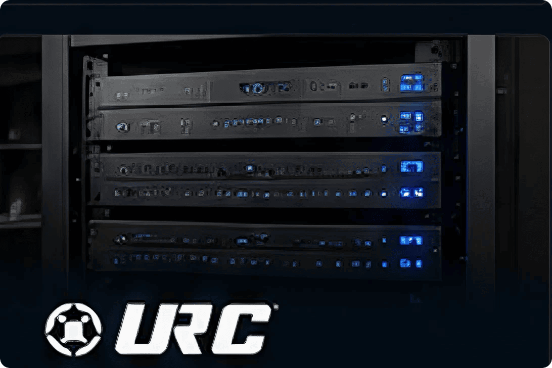 URC rack-mounted AV equipment with blue LEDs