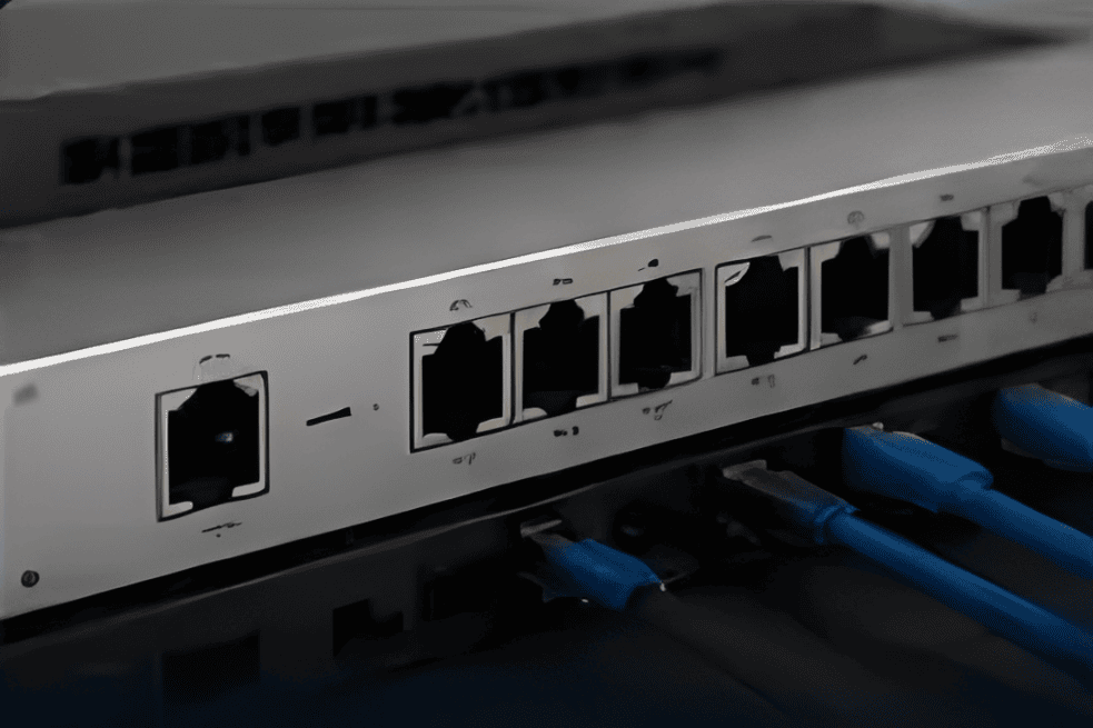 Ethernet cables plugged into network switch