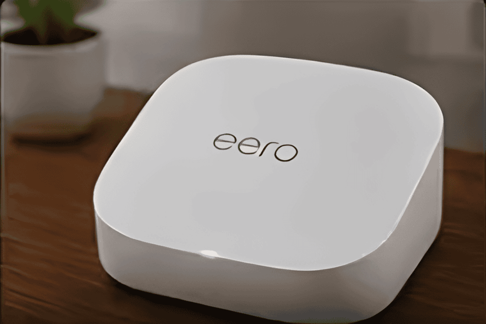 White eero Wi-Fi router on wooden table